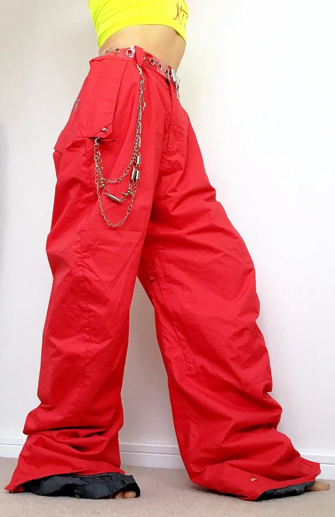 00S Y2K MEN UNISEX QUIKSILVER FLOURO RED TECH PANTS TROUSERS