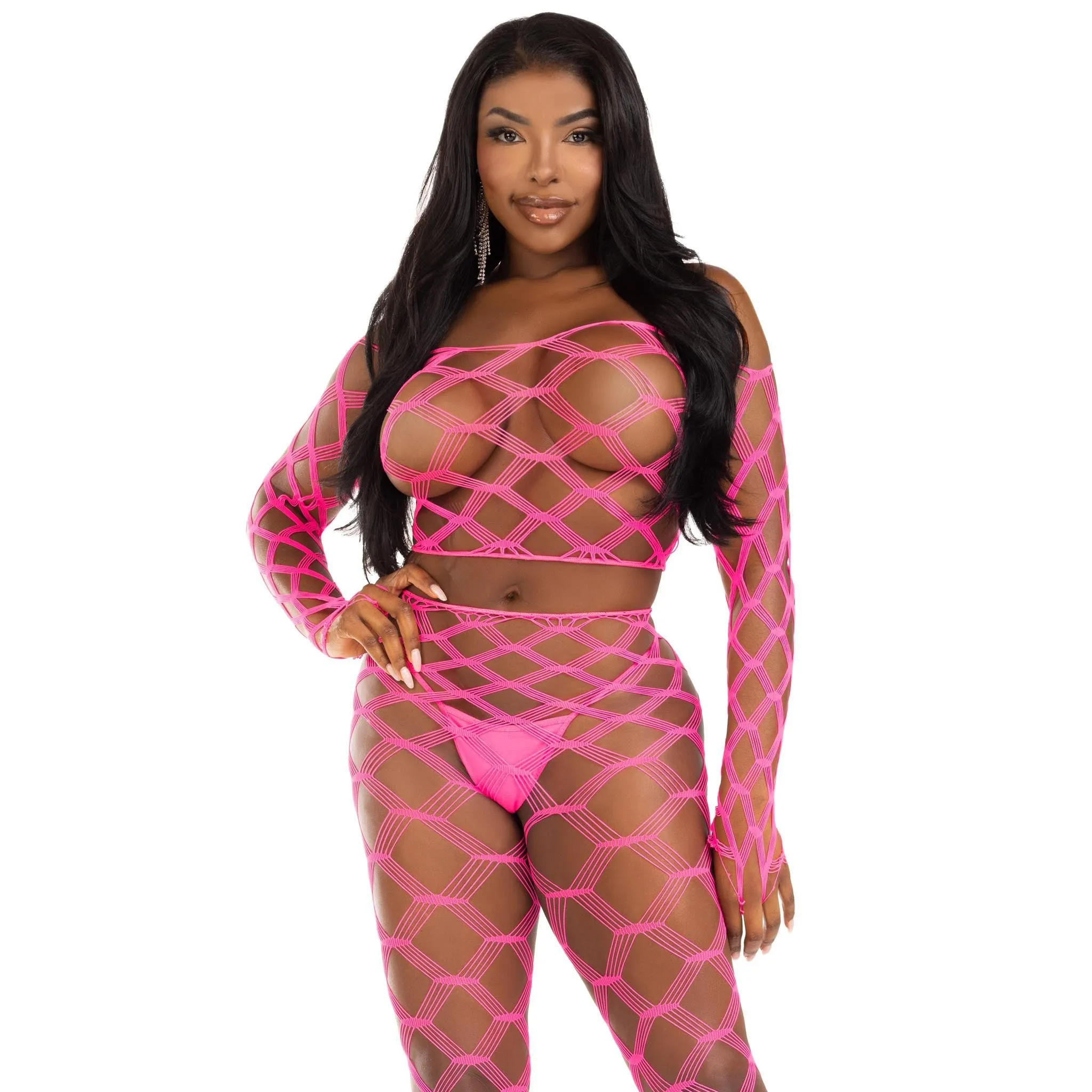 2 Pc Net Crop Top and Footless Tights - One Size - Neon Pink