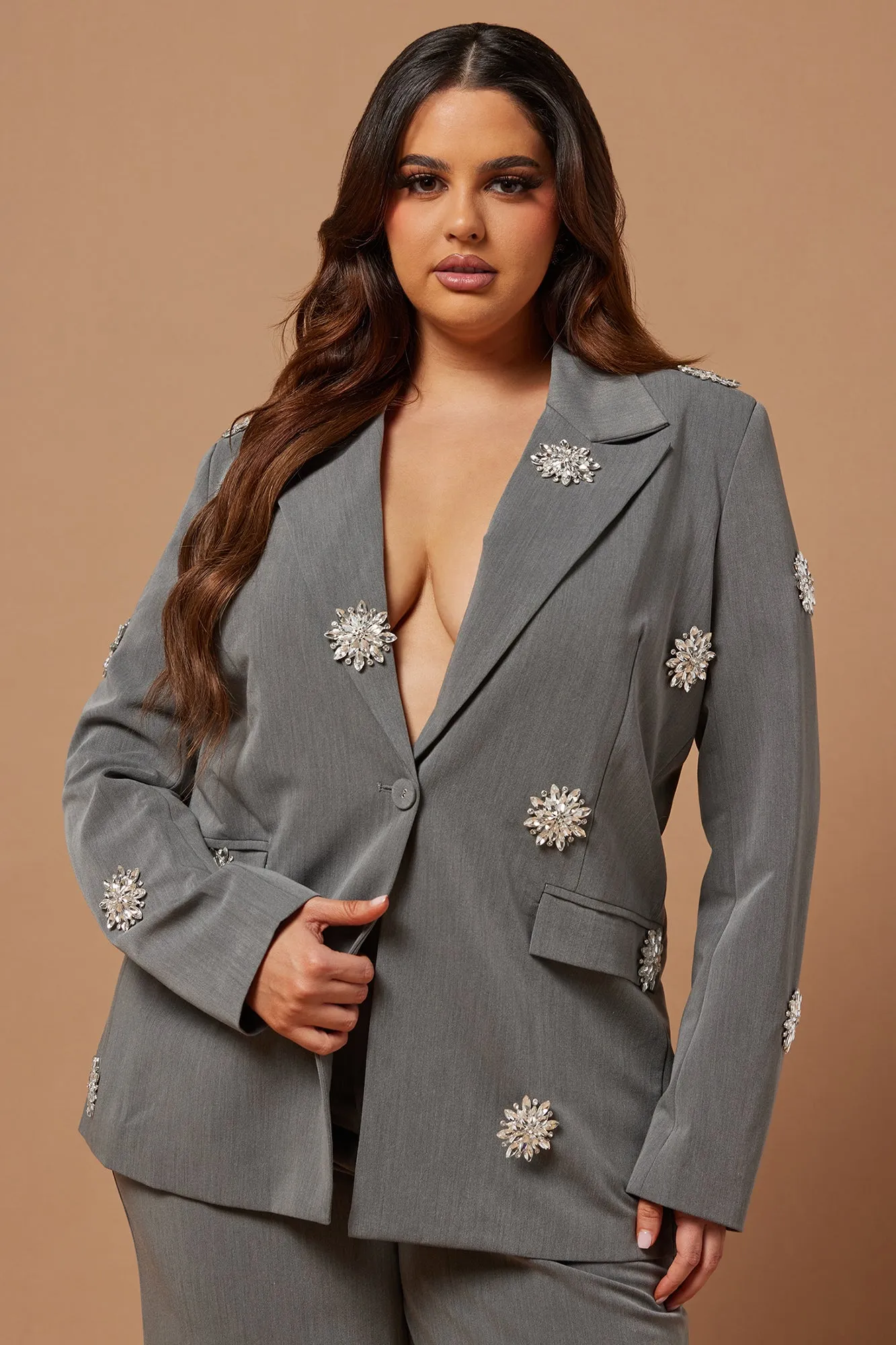 Adara Embellished Blazer Set - Grey