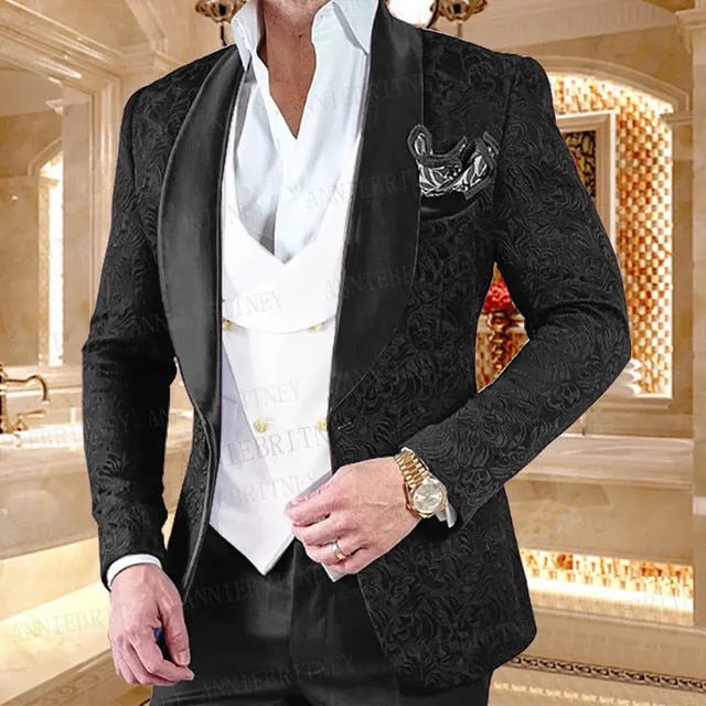 Aidase New Luxury Men Wedding Suits Pink 3 Pieces Custom Groom Suit Dress Tuxedo Slim fit Jacquard Blazer Double Breasted Vest Pant Set