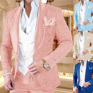 Aidase New Luxury Men Wedding Suits Pink 3 Pieces Custom Groom Suit Dress Tuxedo Slim fit Jacquard Blazer Double Breasted Vest Pant Set