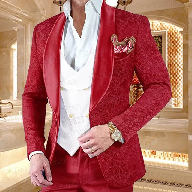 Aidase New Luxury Men Wedding Suits Pink 3 Pieces Custom Groom Suit Dress Tuxedo Slim fit Jacquard Blazer Double Breasted Vest Pant Set