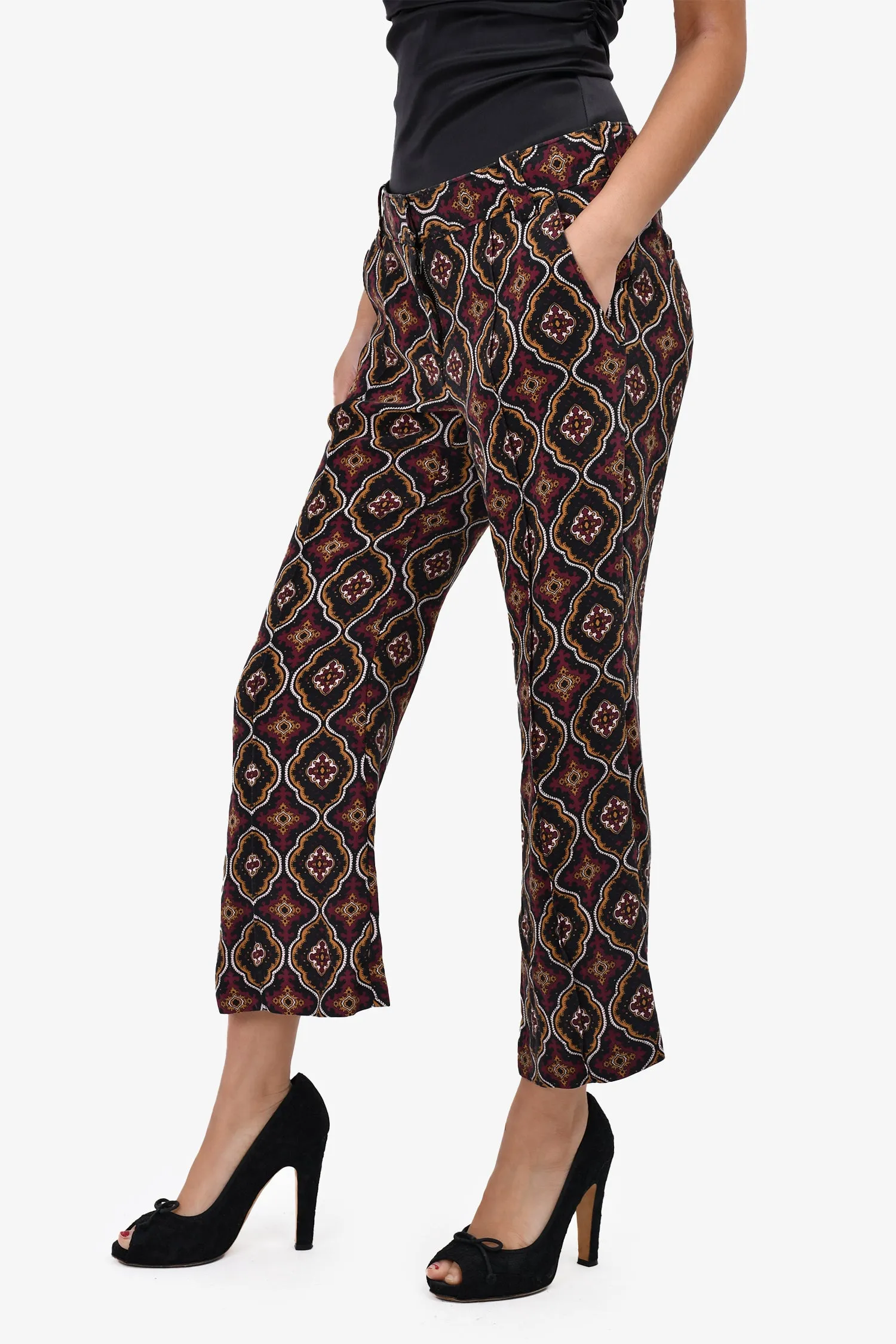 A.L.C Black/Maroon Paisley Print Cropped Trousers Size 2