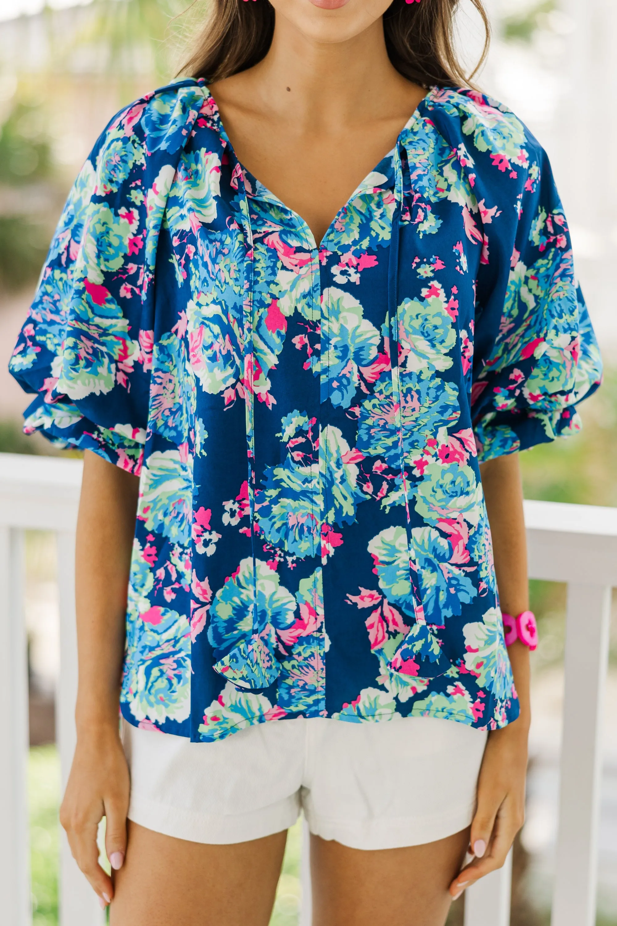 All For The Fun Navy Blue Floral Blouse