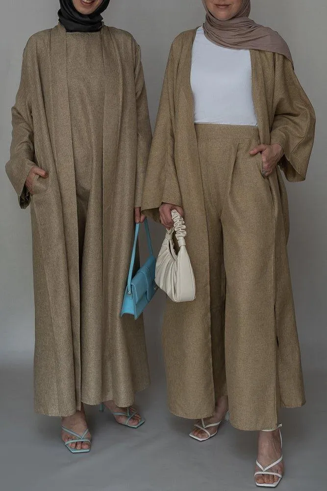 Aroa high waist wide leg palazzo trouser in khaki with pockets bisht fabric