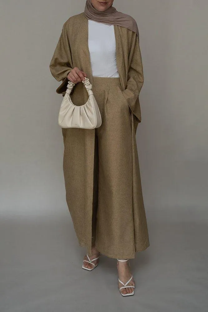 Aroa high waist wide leg palazzo trouser in khaki with pockets bisht fabric