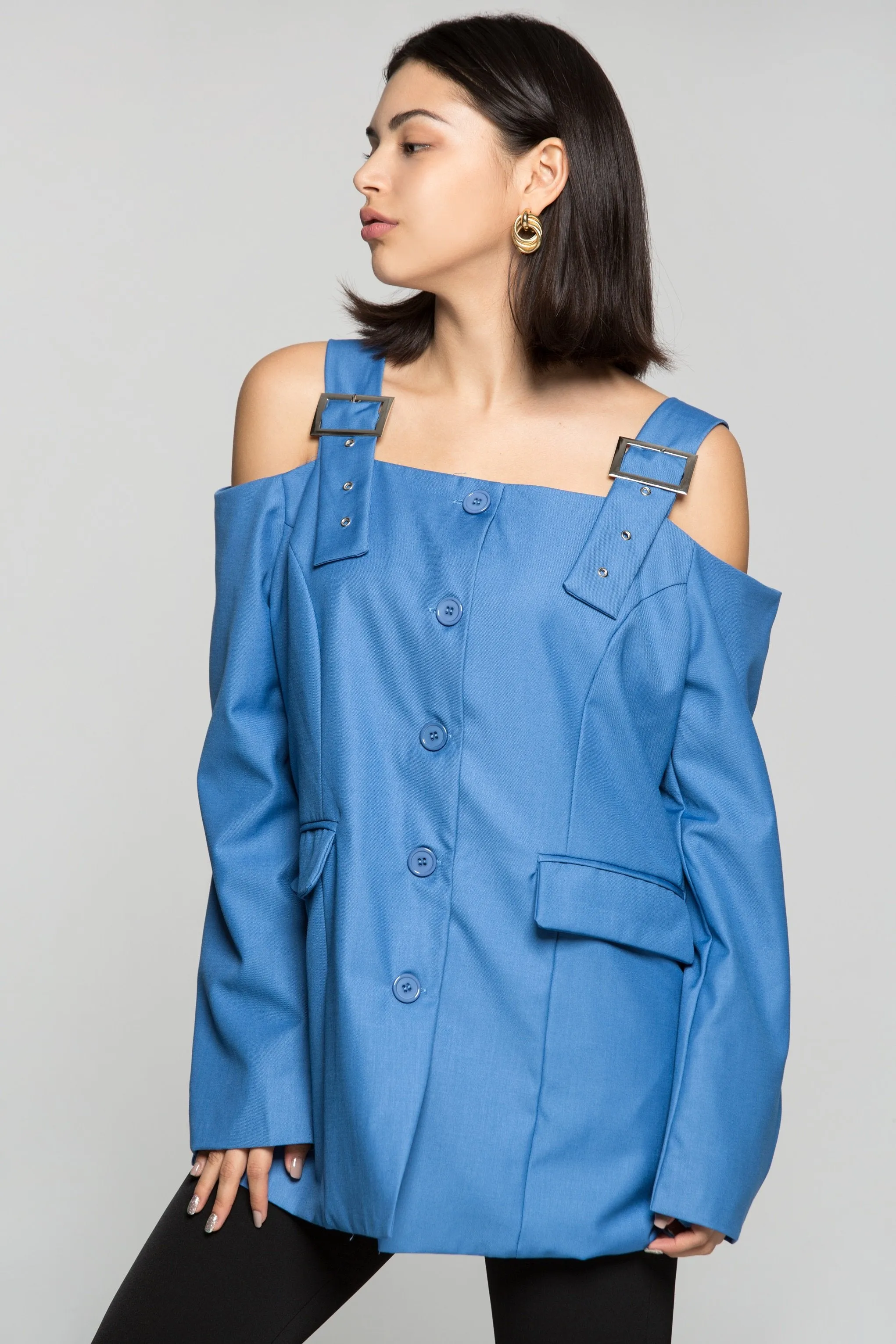 Azure Blue Cold Shoulder Blazer Dress