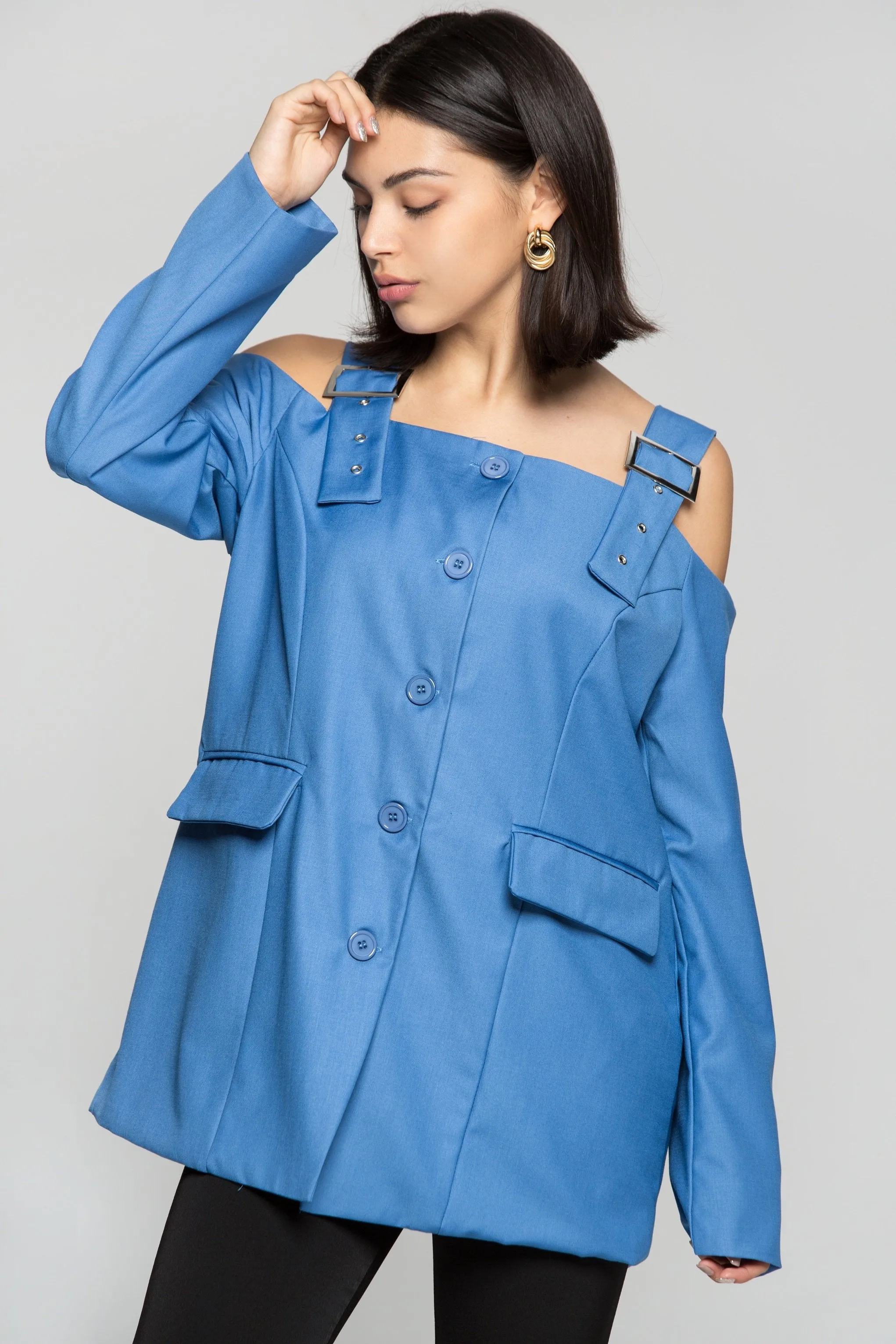 Azure Blue Cold Shoulder Blazer Dress