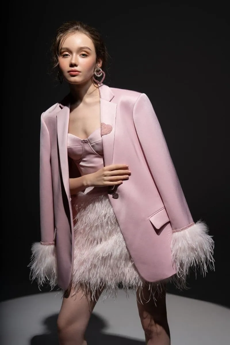 BABY PINK KIERA TAFFETA FEATHER BLAZER