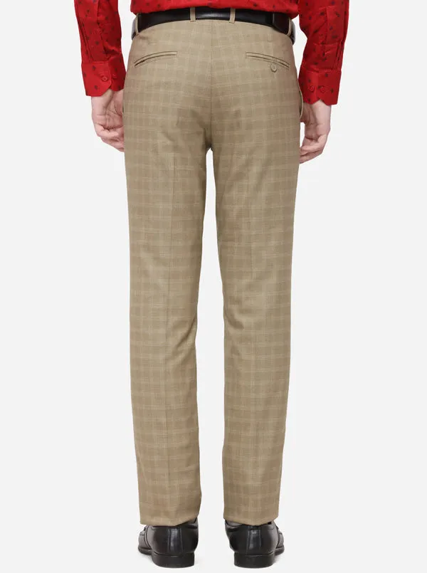 Beige Checked Super Slim Fit Formal Trouser | Greenfibre