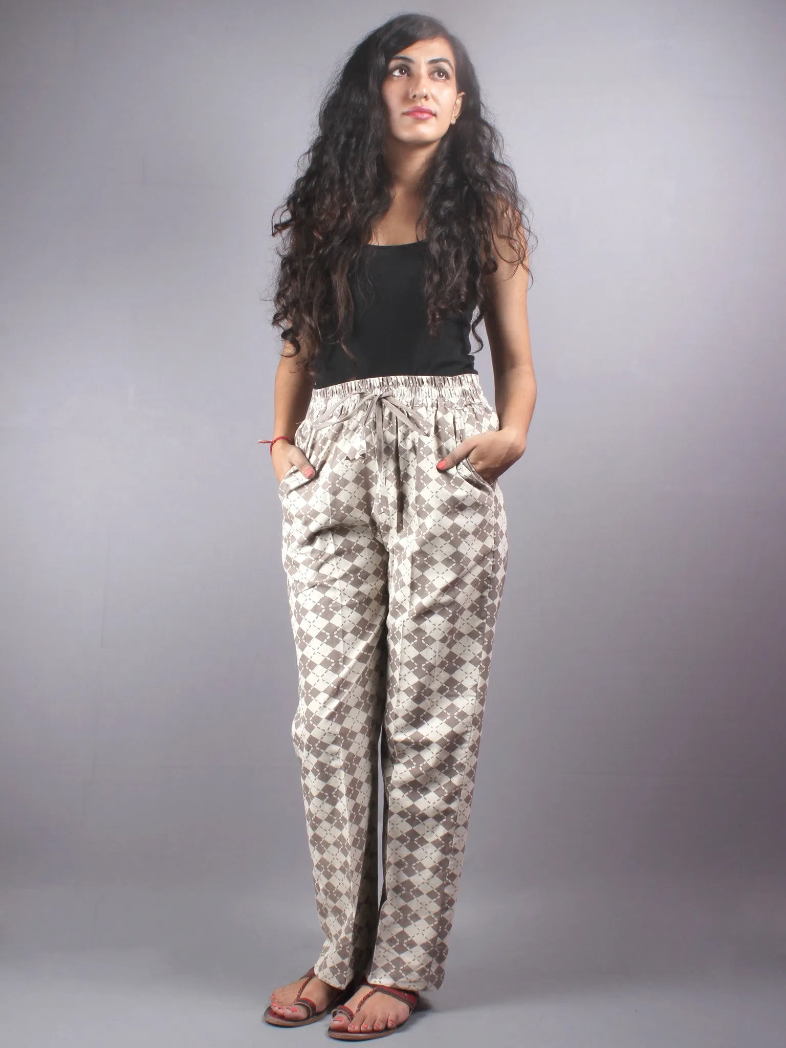 Beige Hand Block Printed Elasticated Waist Trousers- T0317019