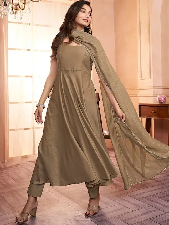 Beige Square Neck Gotta Patti Anarkali Kurta with Trousers Dupatta