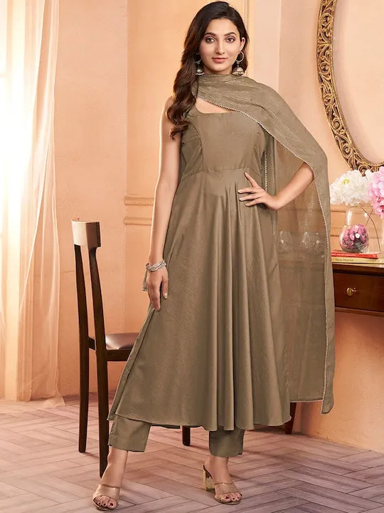 Beige Square Neck Gotta Patti Anarkali Kurta with Trousers Dupatta