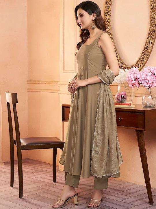 Beige Square Neck Gotta Patti Anarkali Kurta with Trousers Dupatta