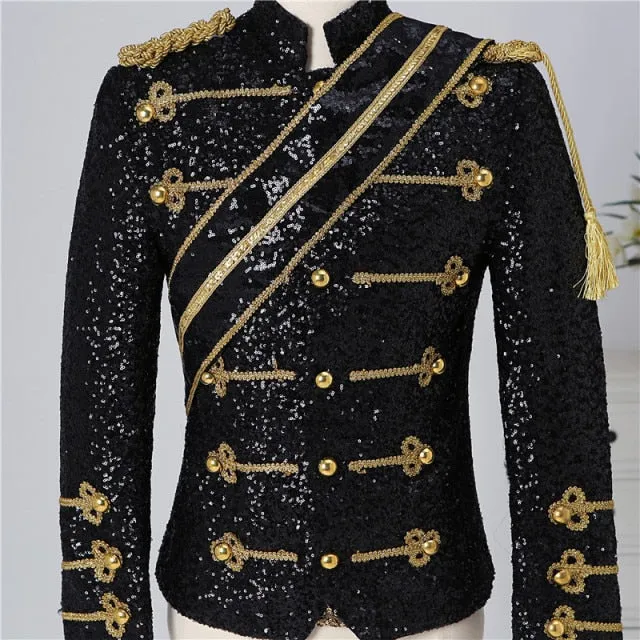 Black and White Sequin Decorated Cotton Polyester Military Blazer