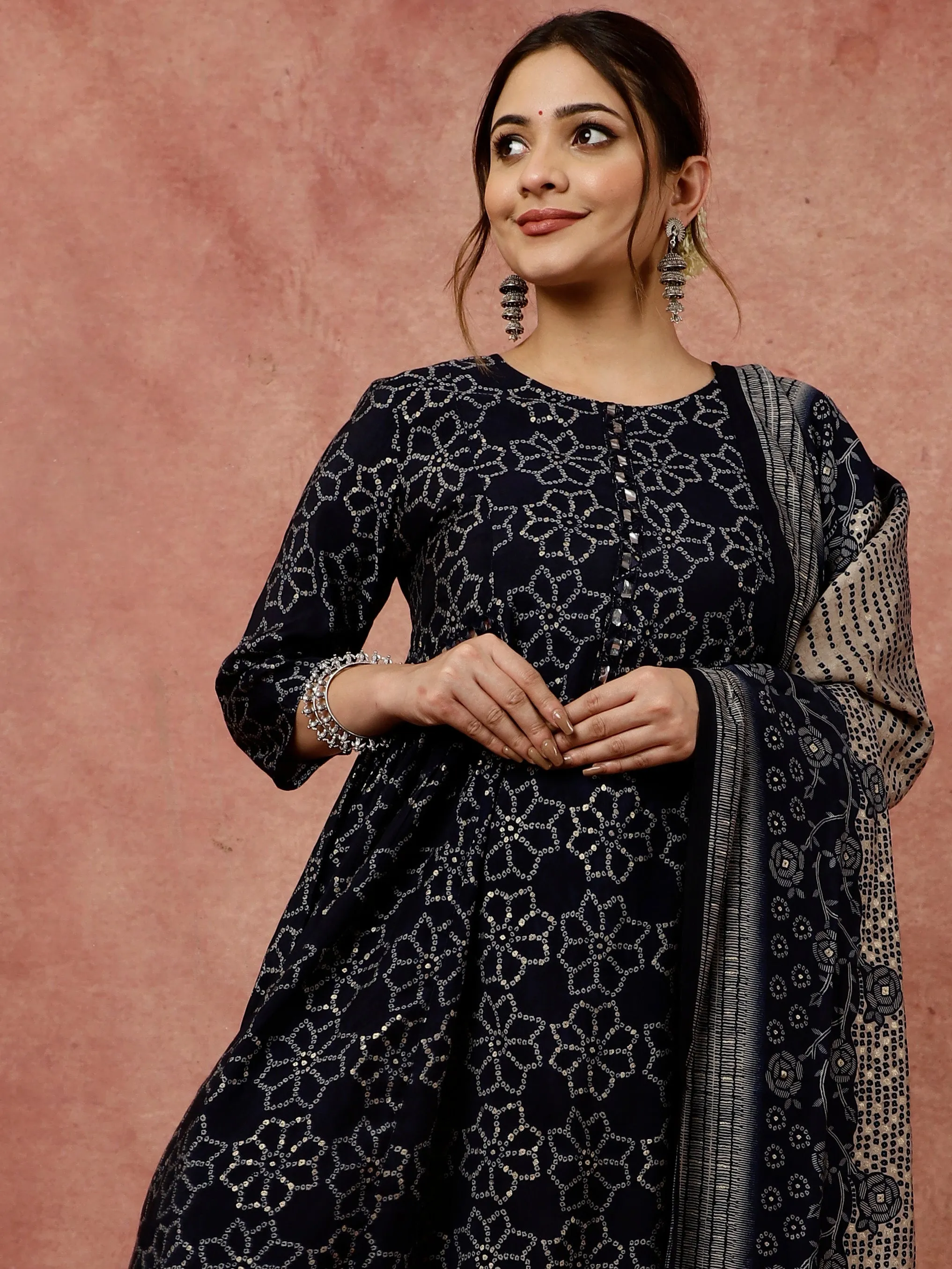 Blue Bandhani Flared Print Kurta With Pants And Dupatta