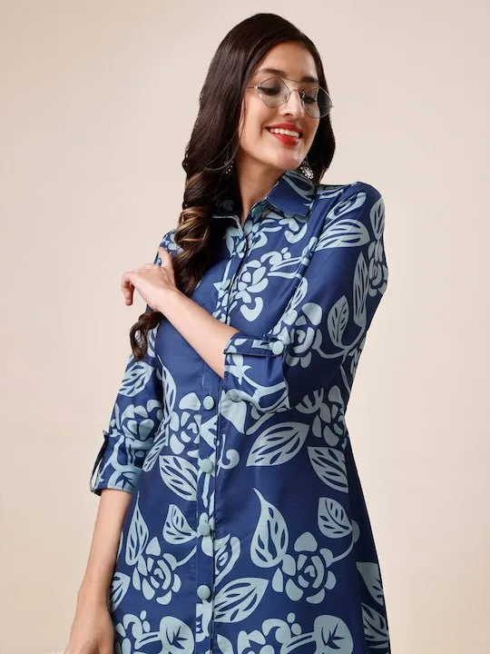 Blue Floral Printed Shirt Collar A-Line Kurta With Trousers