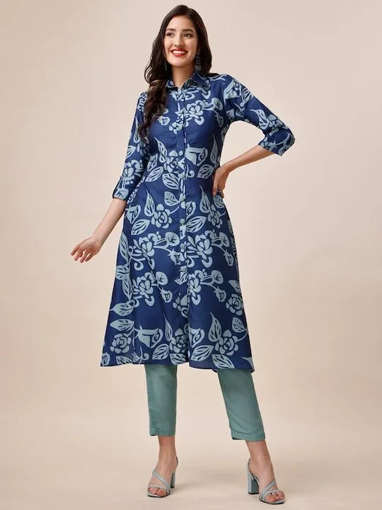 Blue Floral Printed Shirt Collar A-Line Kurta With Trousers