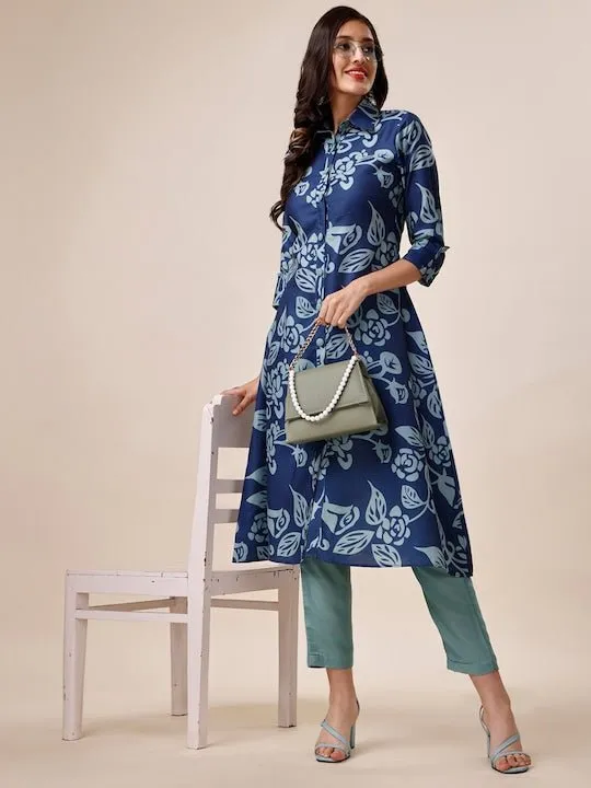 Blue Floral Printed Shirt Collar A-Line Kurta With Trousers