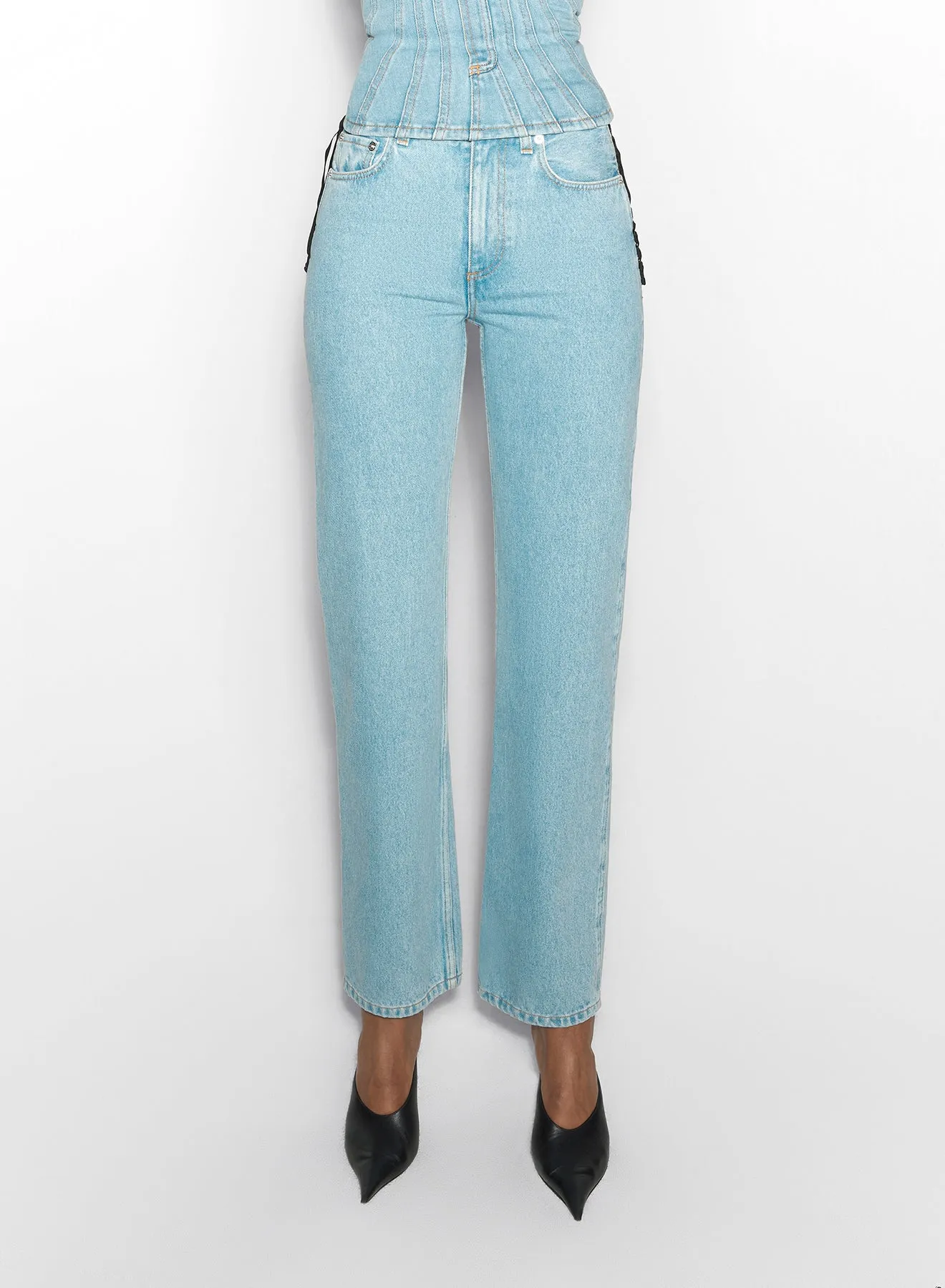 blue laced-up straight leg jeans