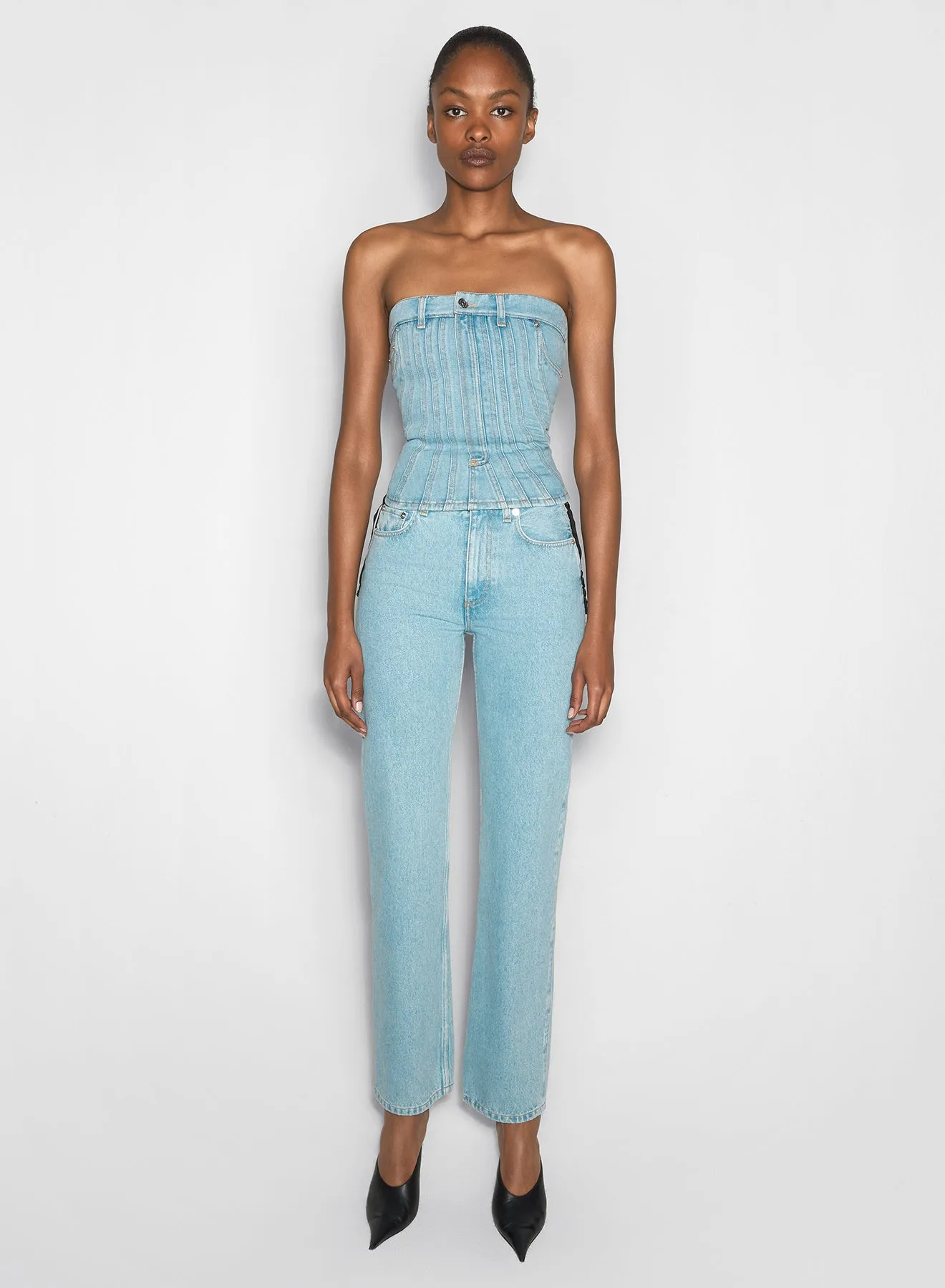 blue laced-up straight leg jeans