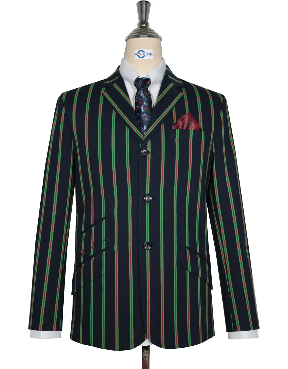 Boating Blazer - Dark Navy Blue and Green Striped Blazer