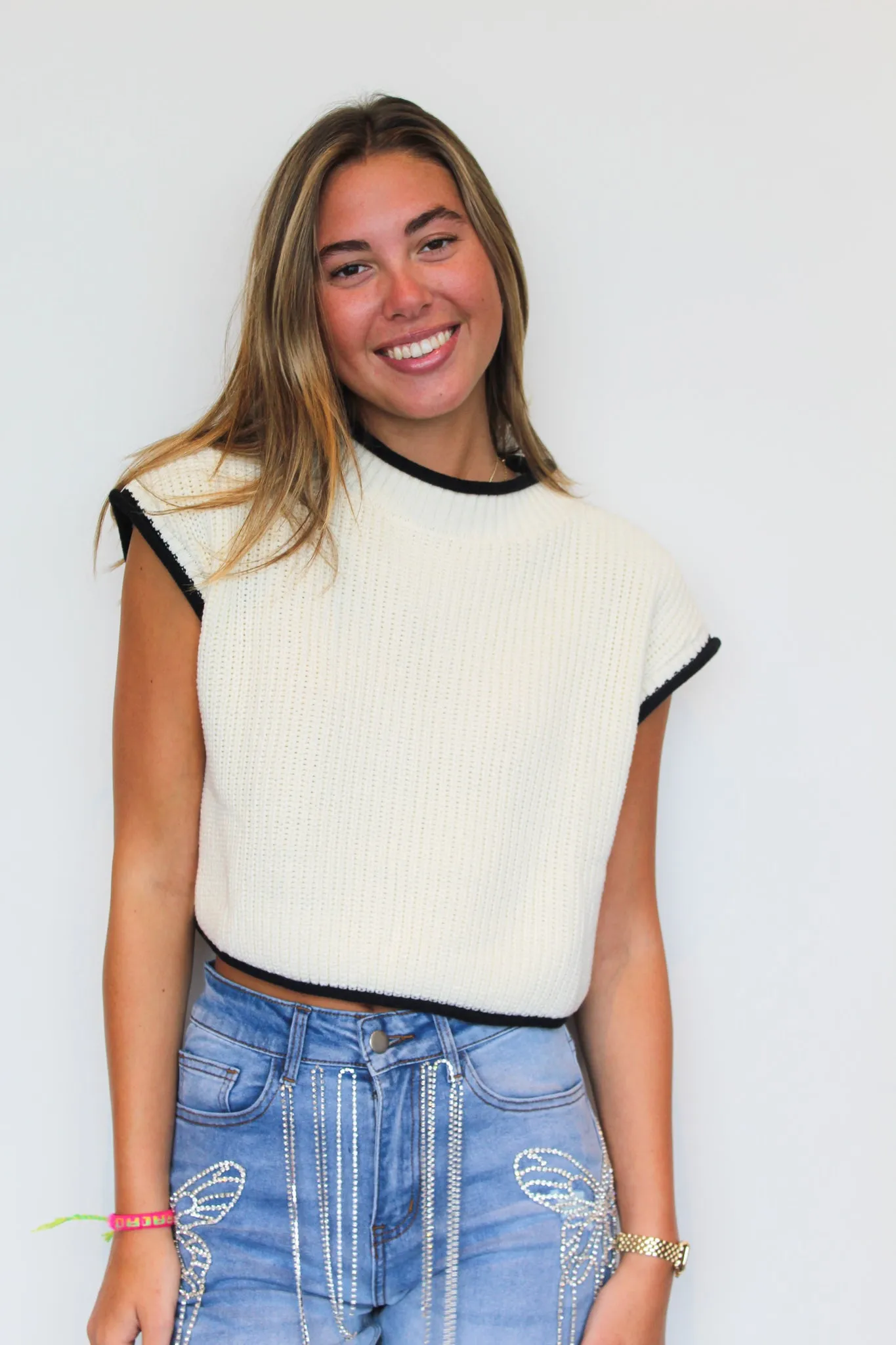 Boxy Contrast Sweater Top- White