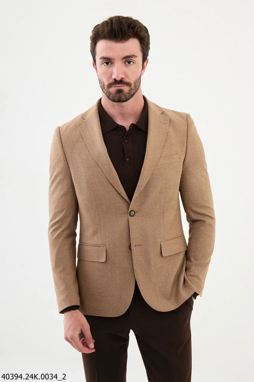 Brabion James Beige Slim Fit Notch Lapel Blazer