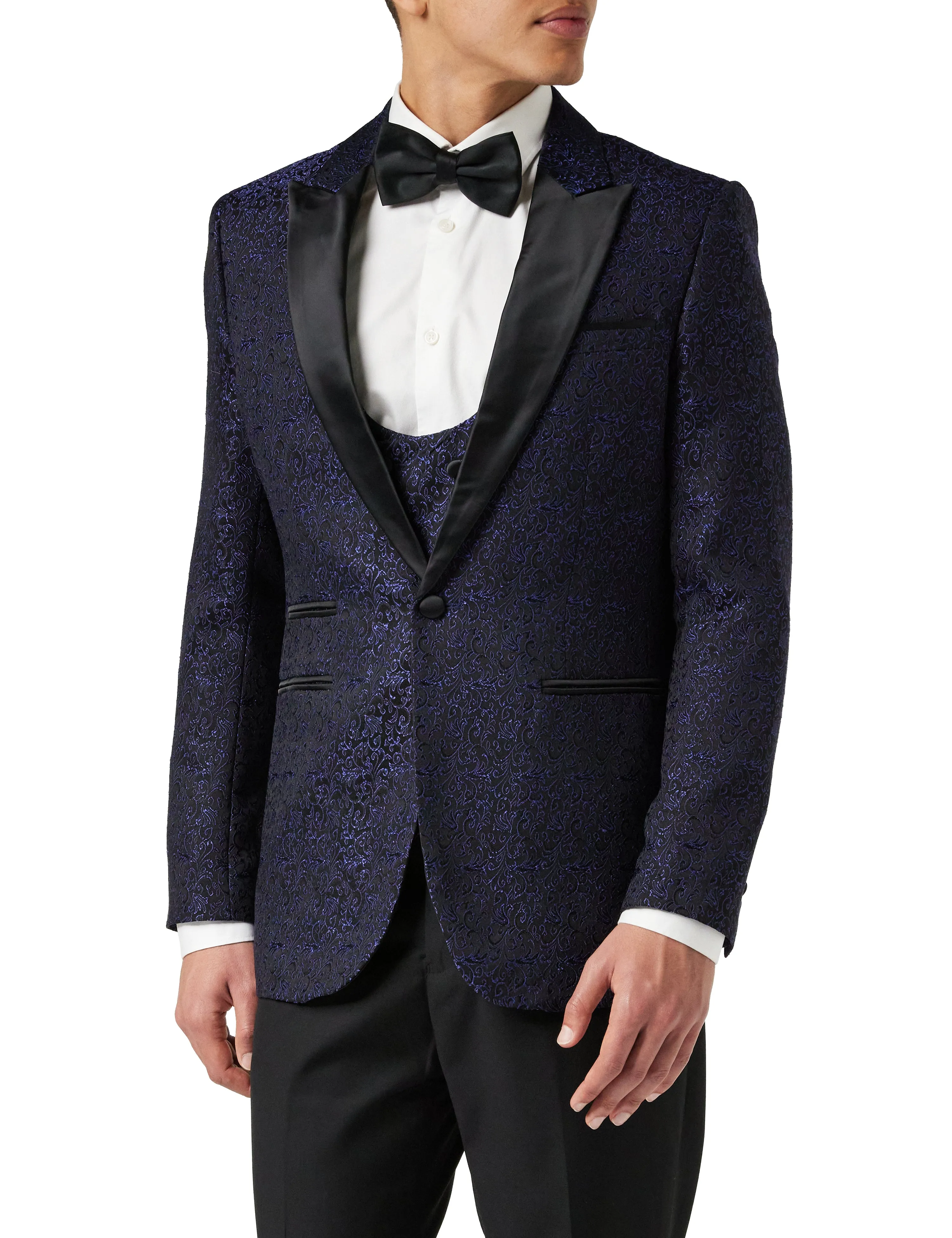 BRIAN - Floral Jacquard Print Blue Tuxedo Jacket With Waistcoat