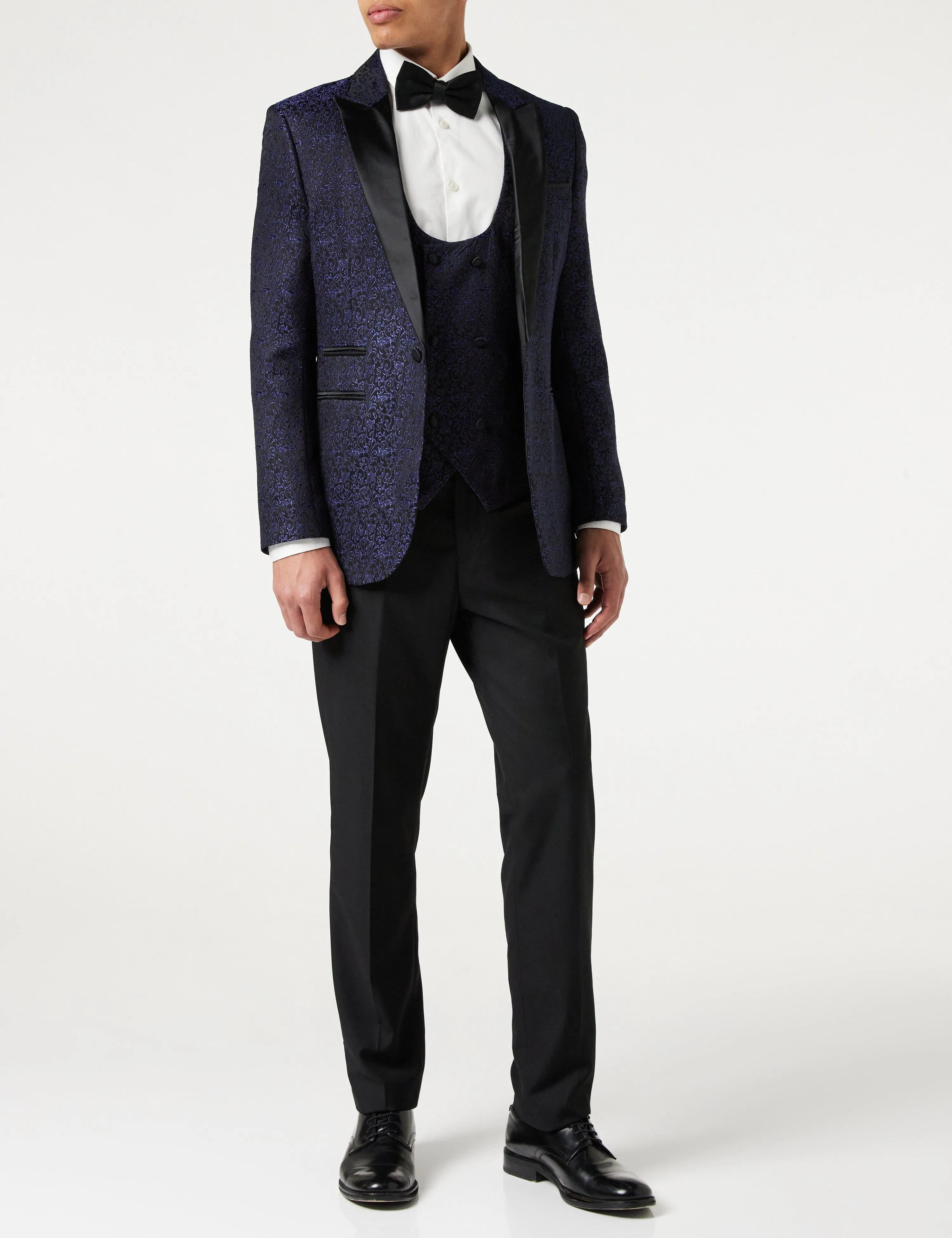 BRIAN - Floral Jacquard Print Blue Tuxedo Jacket With Waistcoat