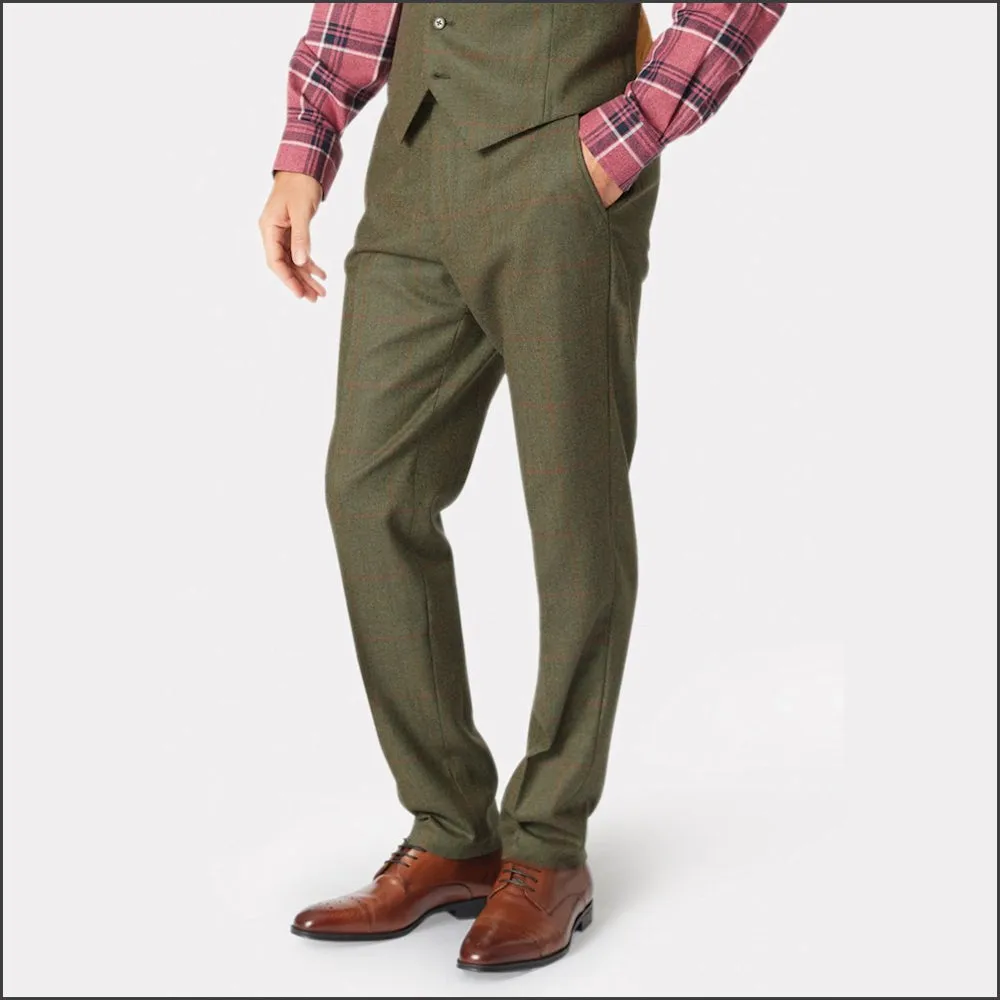 Brook Taverner Dalton Olive Check Wool Suit Trouser--