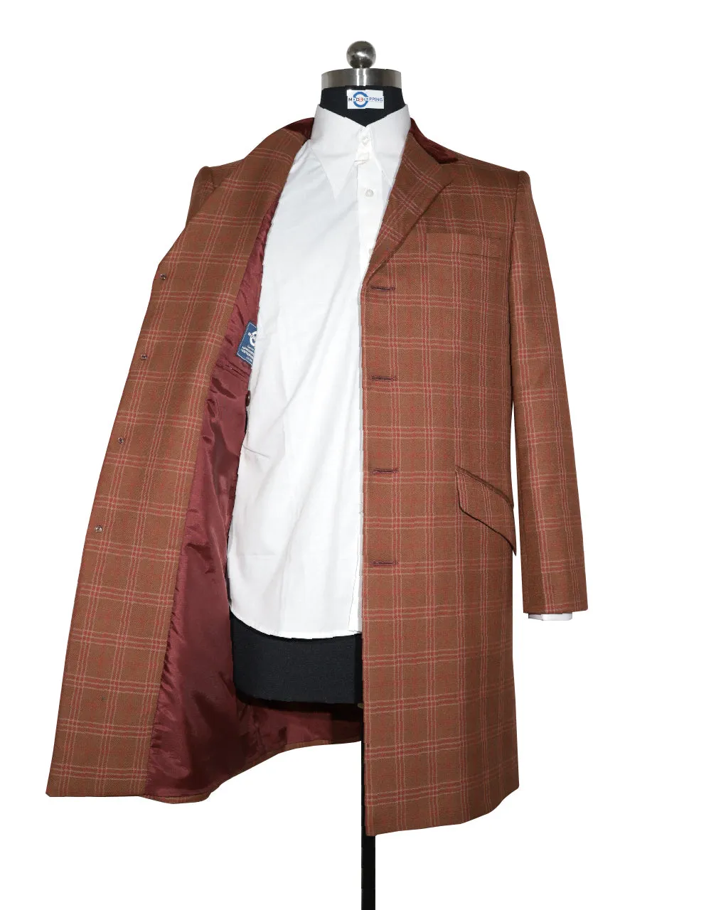 Brown and Red Prince of Wales Check Tweed Overcoat