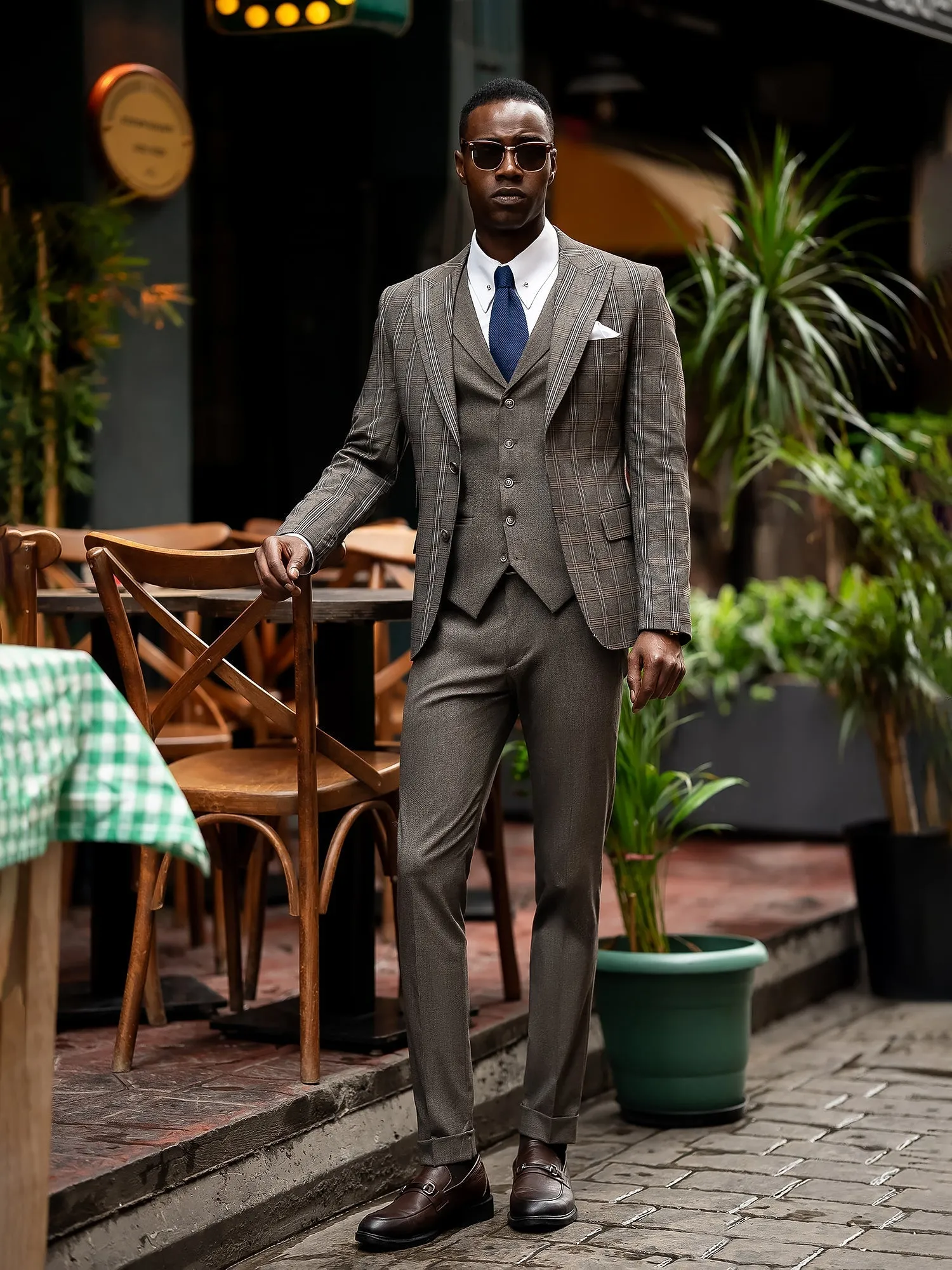 Brown Plaid Slim-Fit Suit 3-Piece