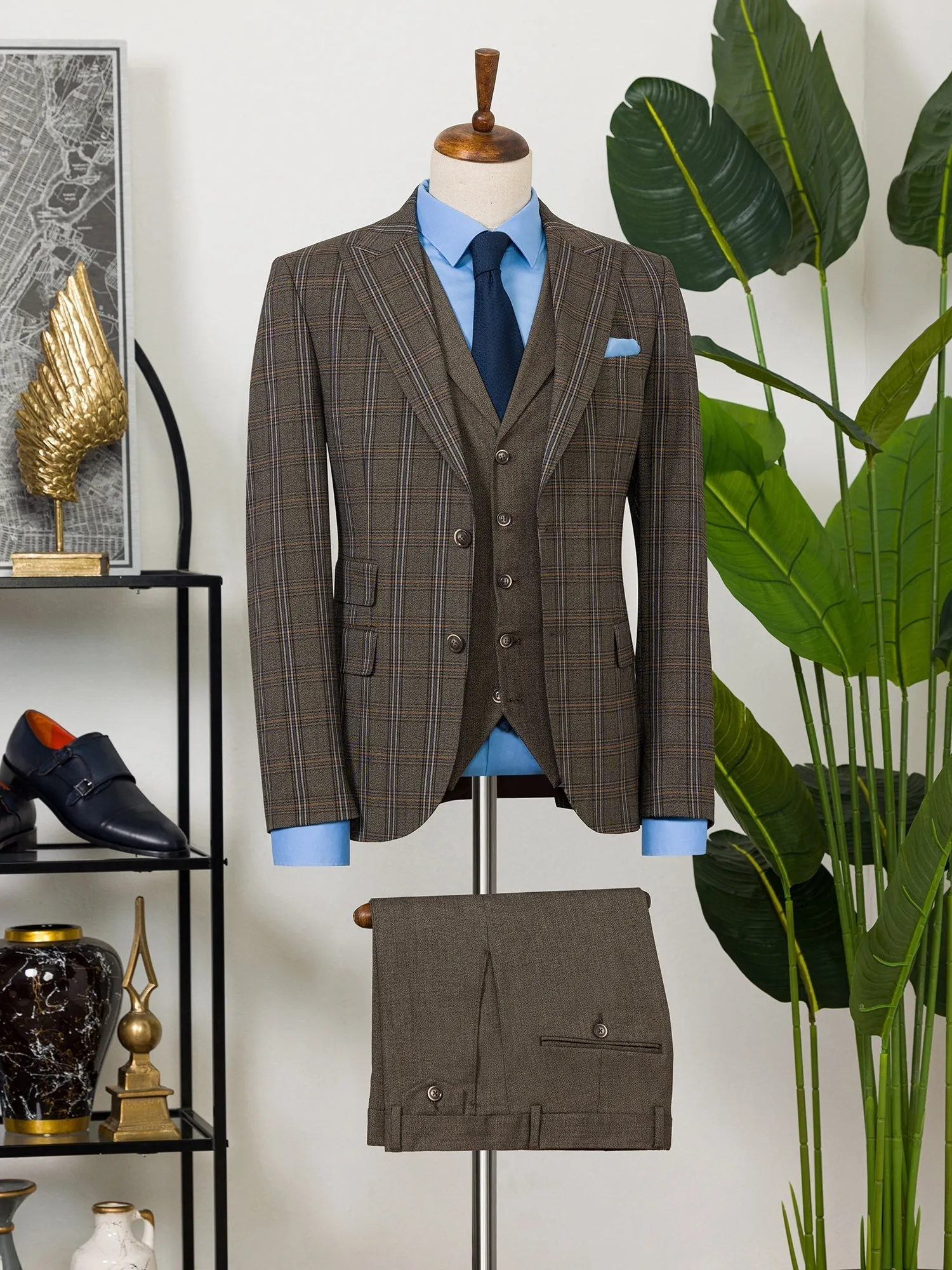 Brown Plaid Slim-Fit Suit 3-Piece