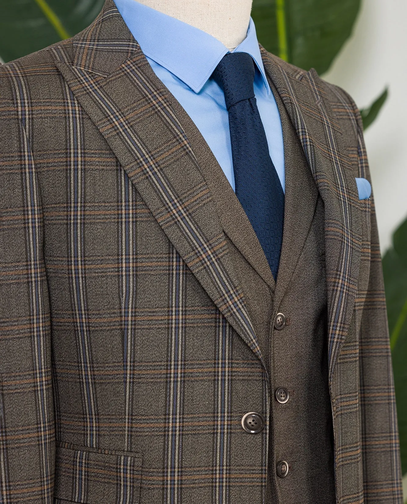 Brown Plaid Slim-Fit Suit 3-Piece