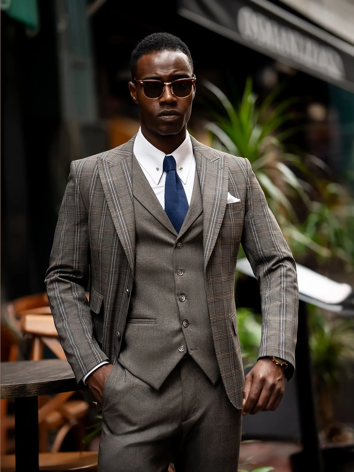 Brown Plaid Slim-Fit Suit 3-Piece