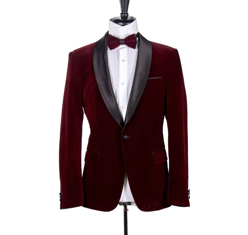 Burgundy Velvet Men's Blazer Shall Lapel Slim-Fit with Bowtie