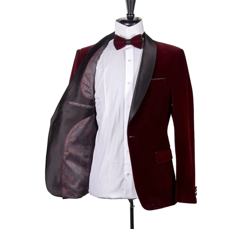 Burgundy Velvet Men's Blazer Shall Lapel Slim-Fit with Bowtie