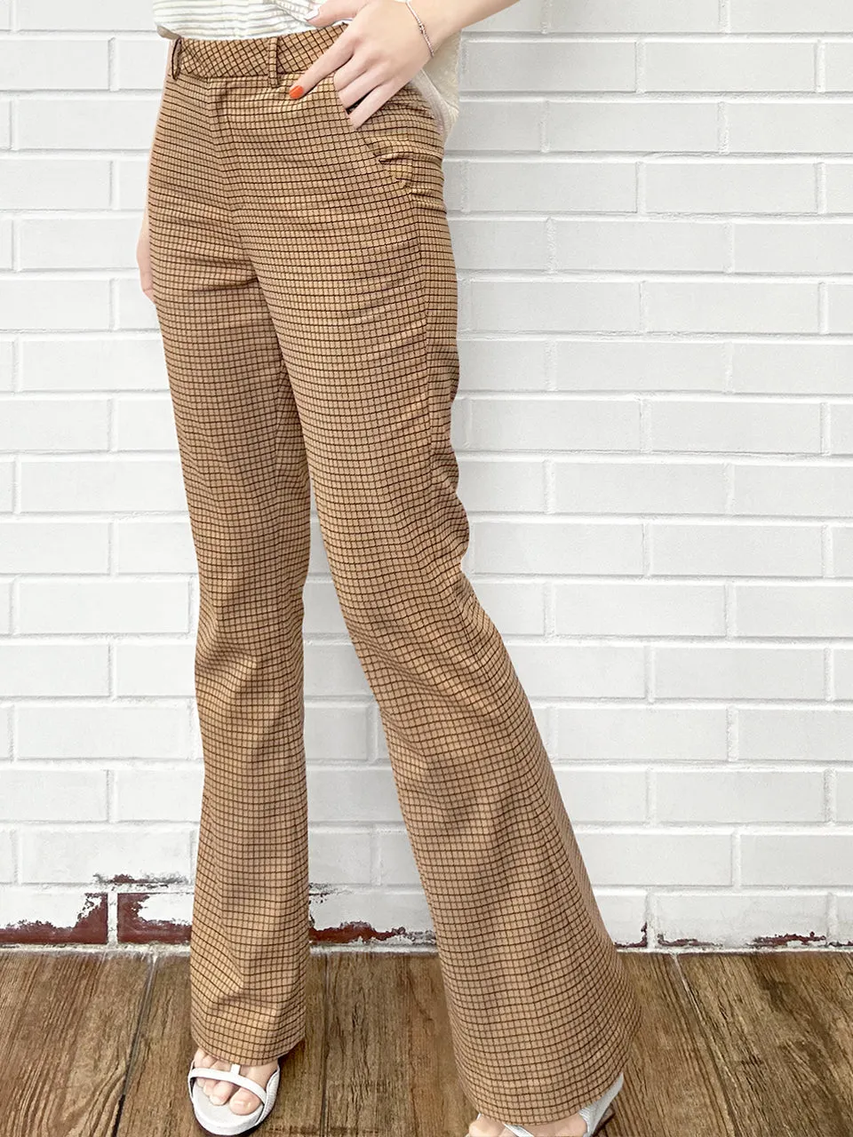 Caramel Check Plaid Flare Leg Stretch Cotton Blend Pants