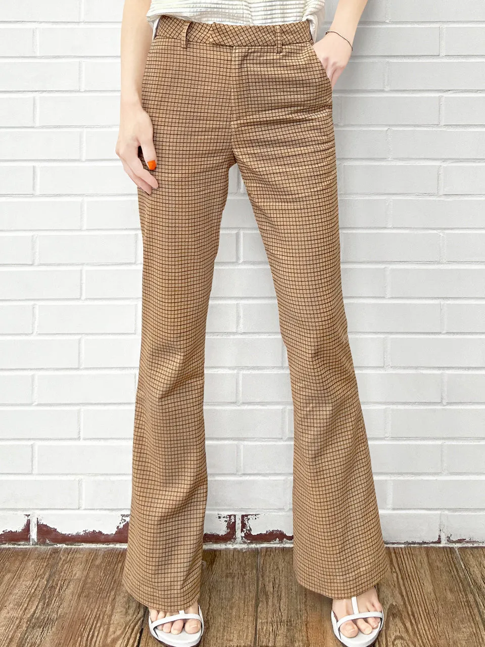 Caramel Check Plaid Flare Leg Stretch Cotton Blend Pants