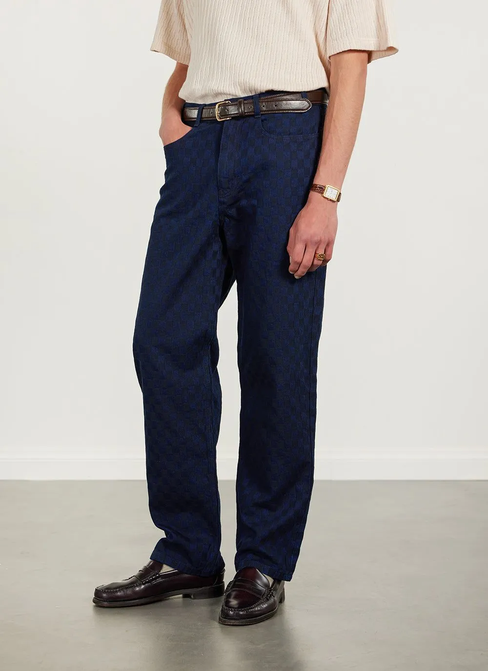 Checkerboard Denim 5 Pocket Trousers | Cotton | Navy With Black