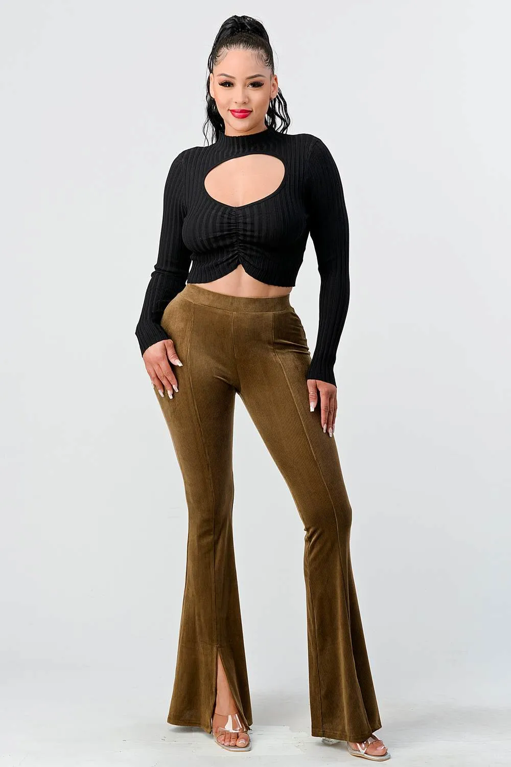 CHIC VELVET FLARED PULL ON SLIT HEM LONG PANTS