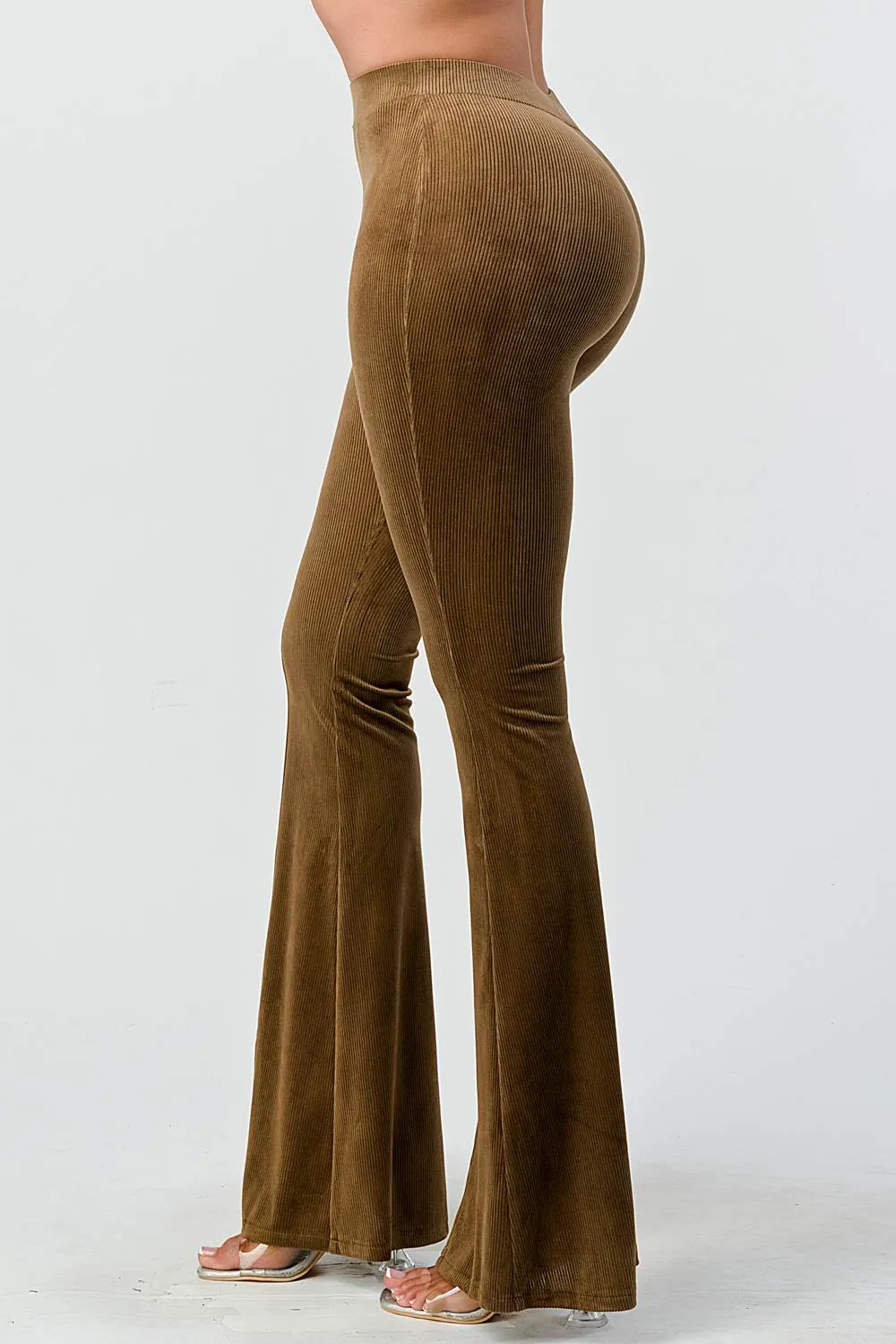 CHIC VELVET FLARED PULL ON SLIT HEM LONG PANTS