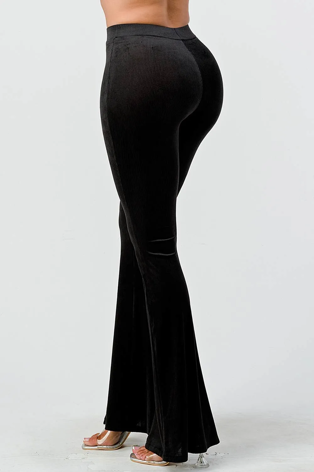 CHIC VELVET FLARED PULL ON SLIT HEM LONG PANTS