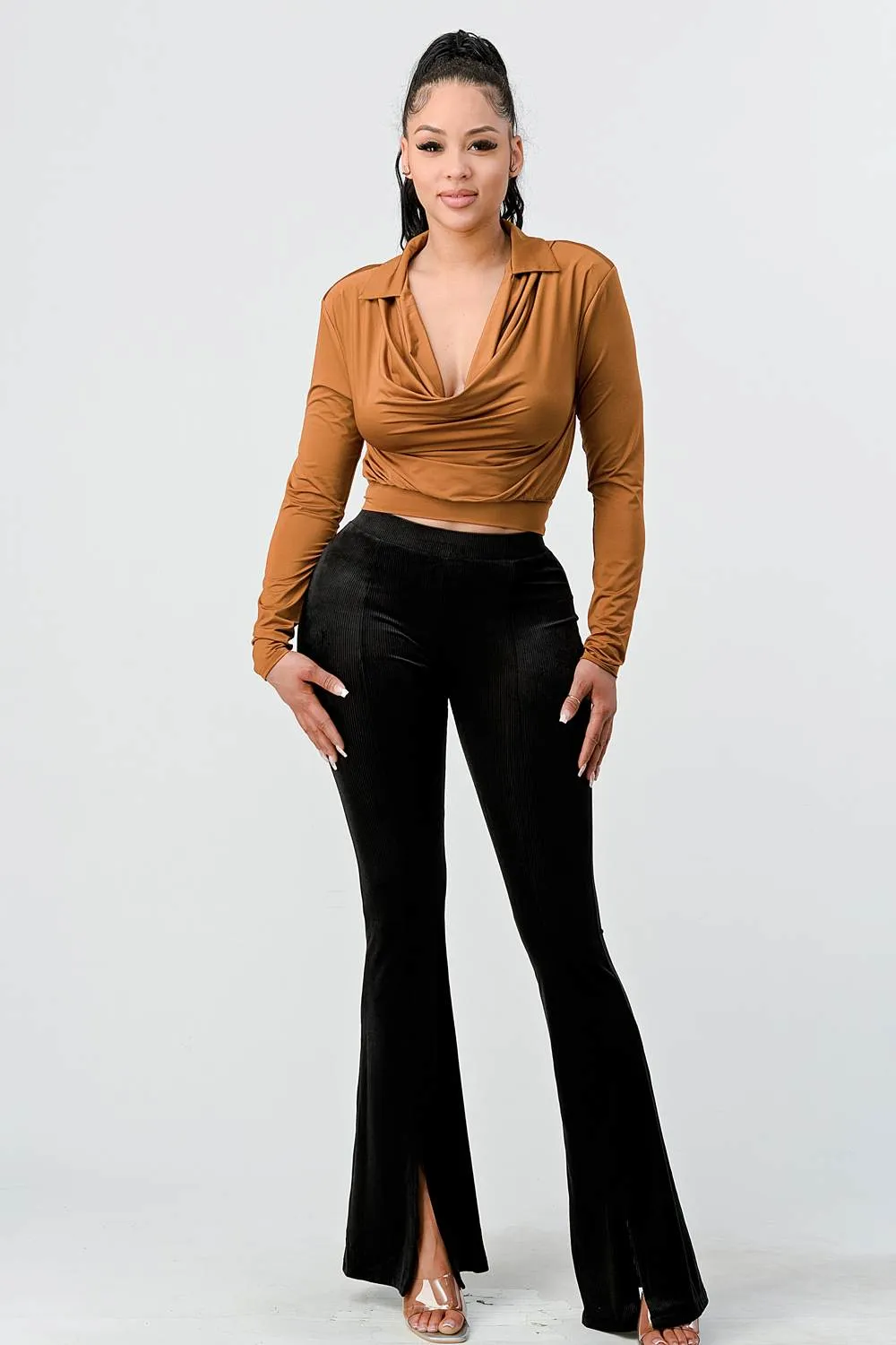 CHIC VELVET FLARED PULL ON SLIT HEM LONG PANTS