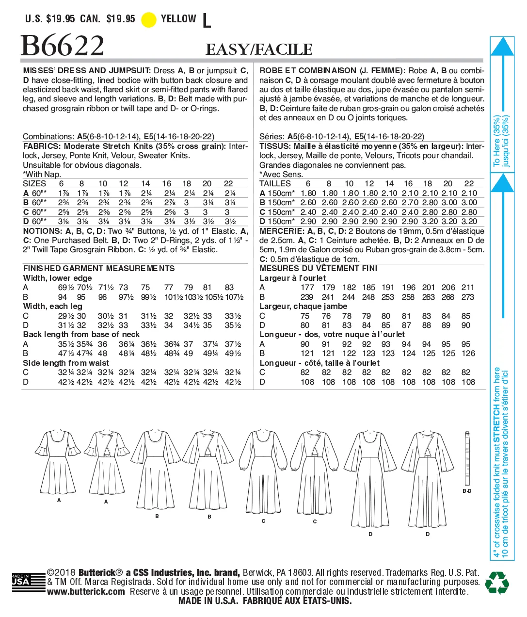 CLEARANCE • BUTTERICK PATTERN MISSES' DRESS & JUMPSUIT 6622