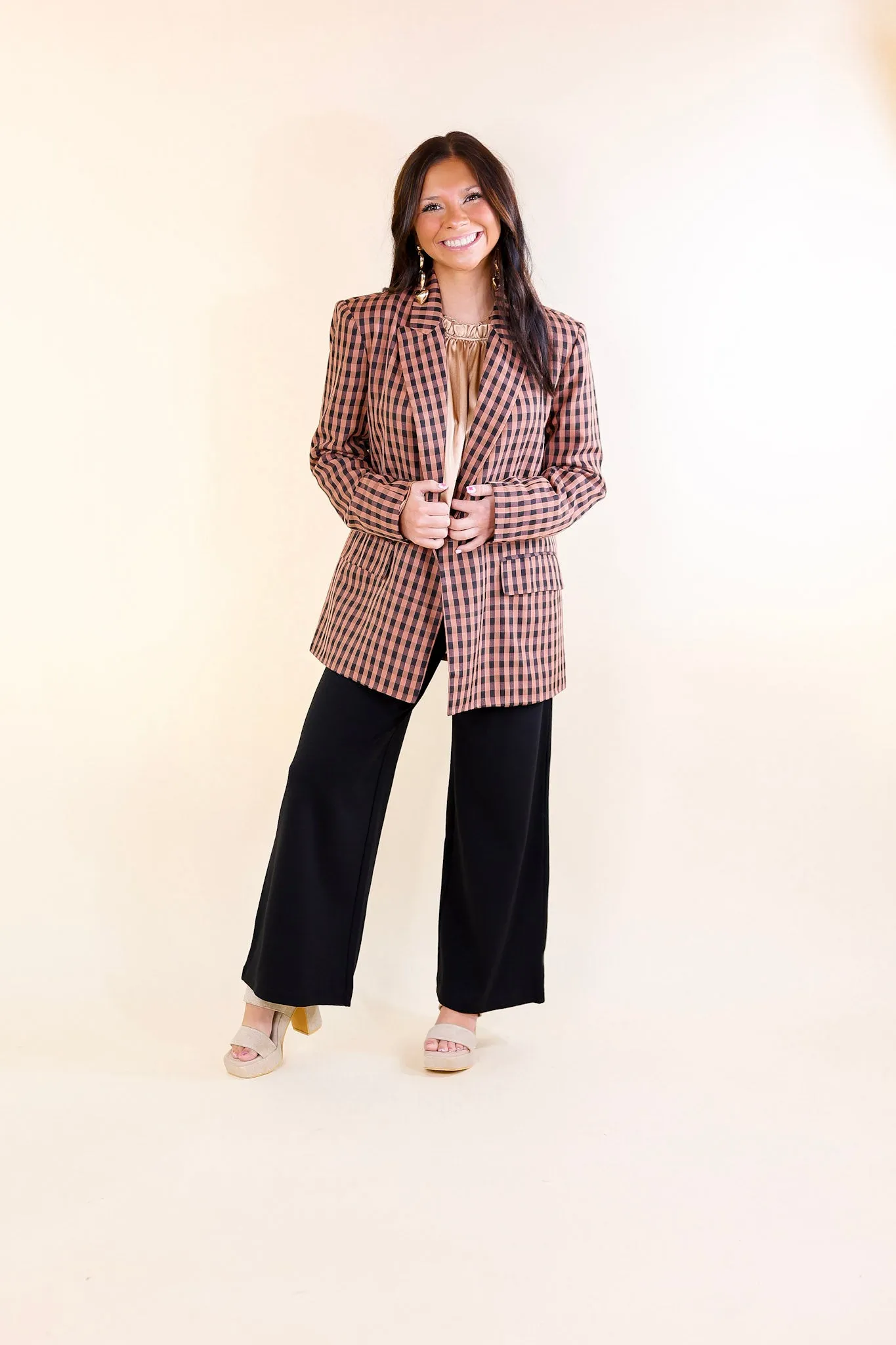 Coffee And Smiles Double Button Plaid Blazer with Long Sleeves in Terracotta Brown and Black