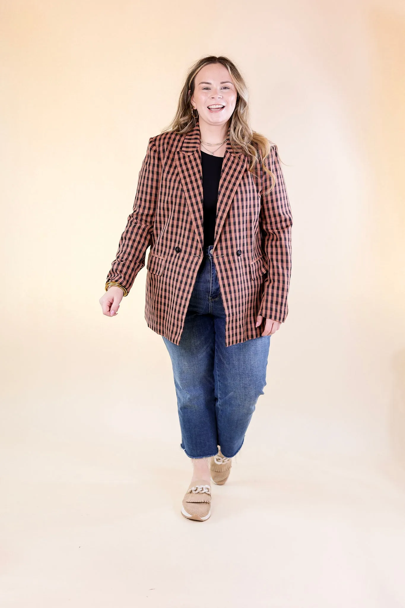 Coffee And Smiles Double Button Plaid Blazer with Long Sleeves in Terracotta Brown and Black