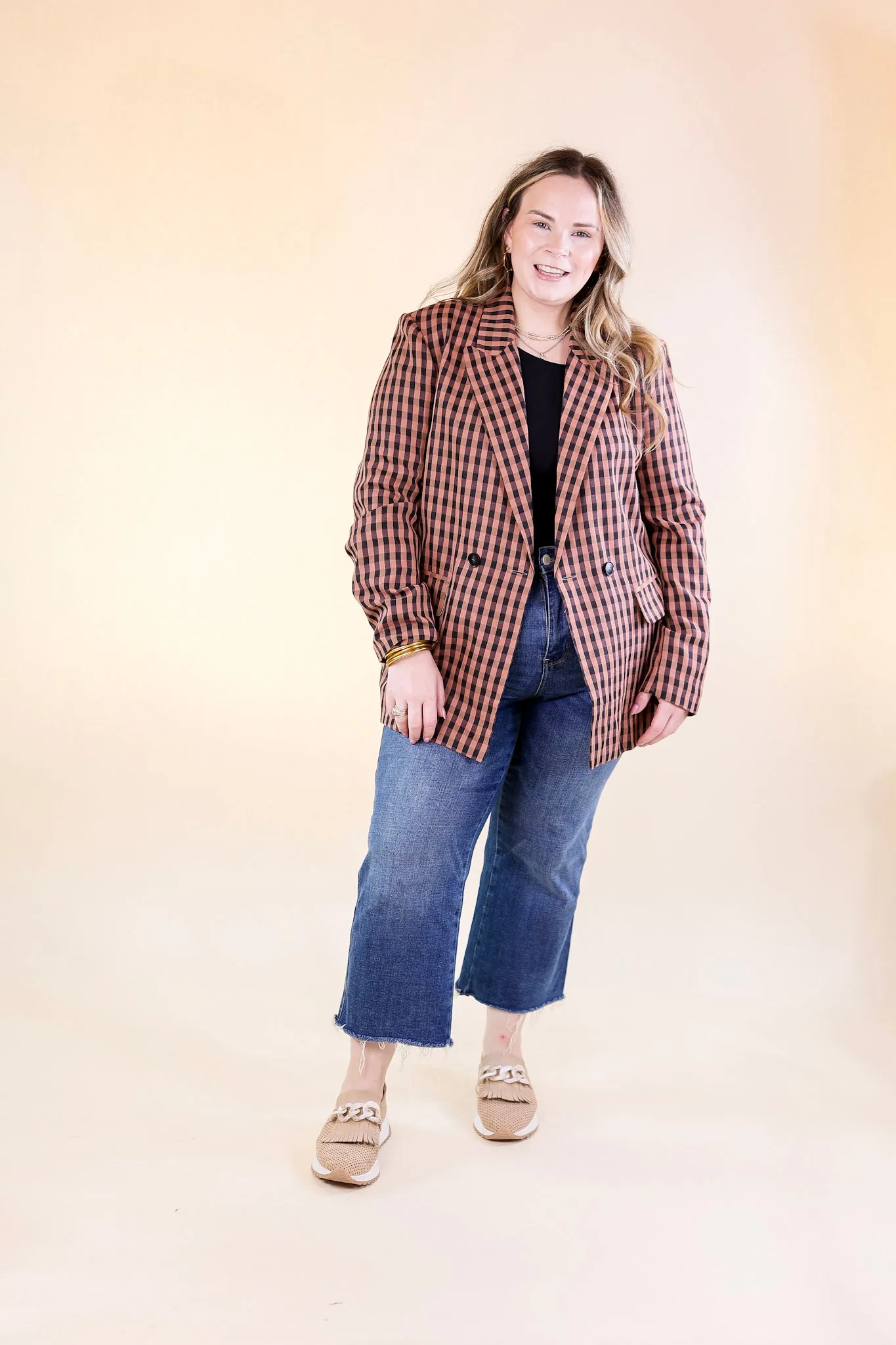 Coffee And Smiles Double Button Plaid Blazer with Long Sleeves in Terracotta Brown and Black