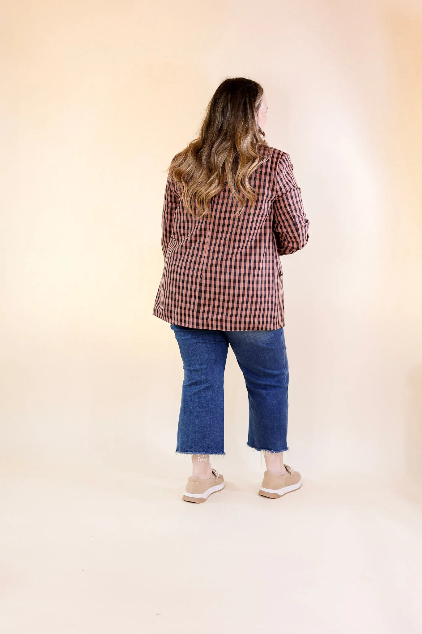 Coffee And Smiles Double Button Plaid Blazer with Long Sleeves in Terracotta Brown and Black